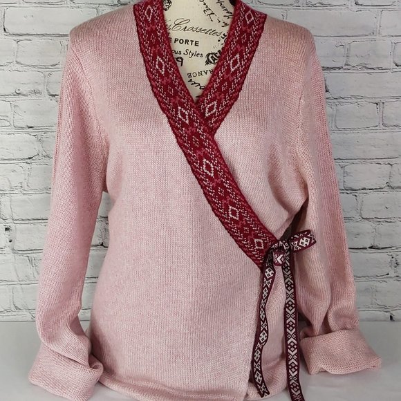 'ELLOS' TIE~WAIST CARDIGAN WRAP AZTEC CONTRASTING TRIM SOFT, ADJUSTABLE SWEATER - Picture 14 of 15